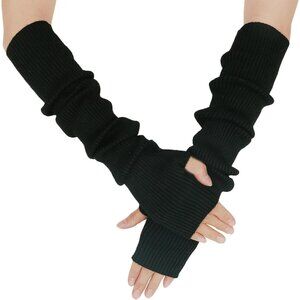 Women's Black Soft Cozy Arm Warmers Fingerless Knitted Long Gloves Winter